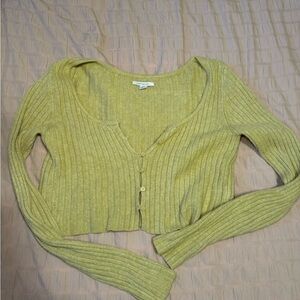 American Eagle Cropped Knit Green Yellow Cardigan